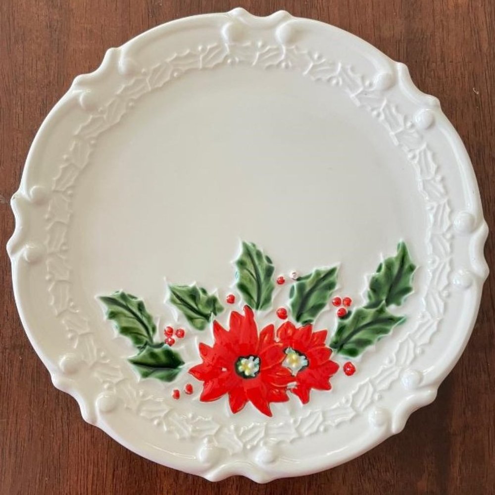 1-Christmas Porcelain Plate with Bright Red Poinsettia Made in Japan Salad Plate